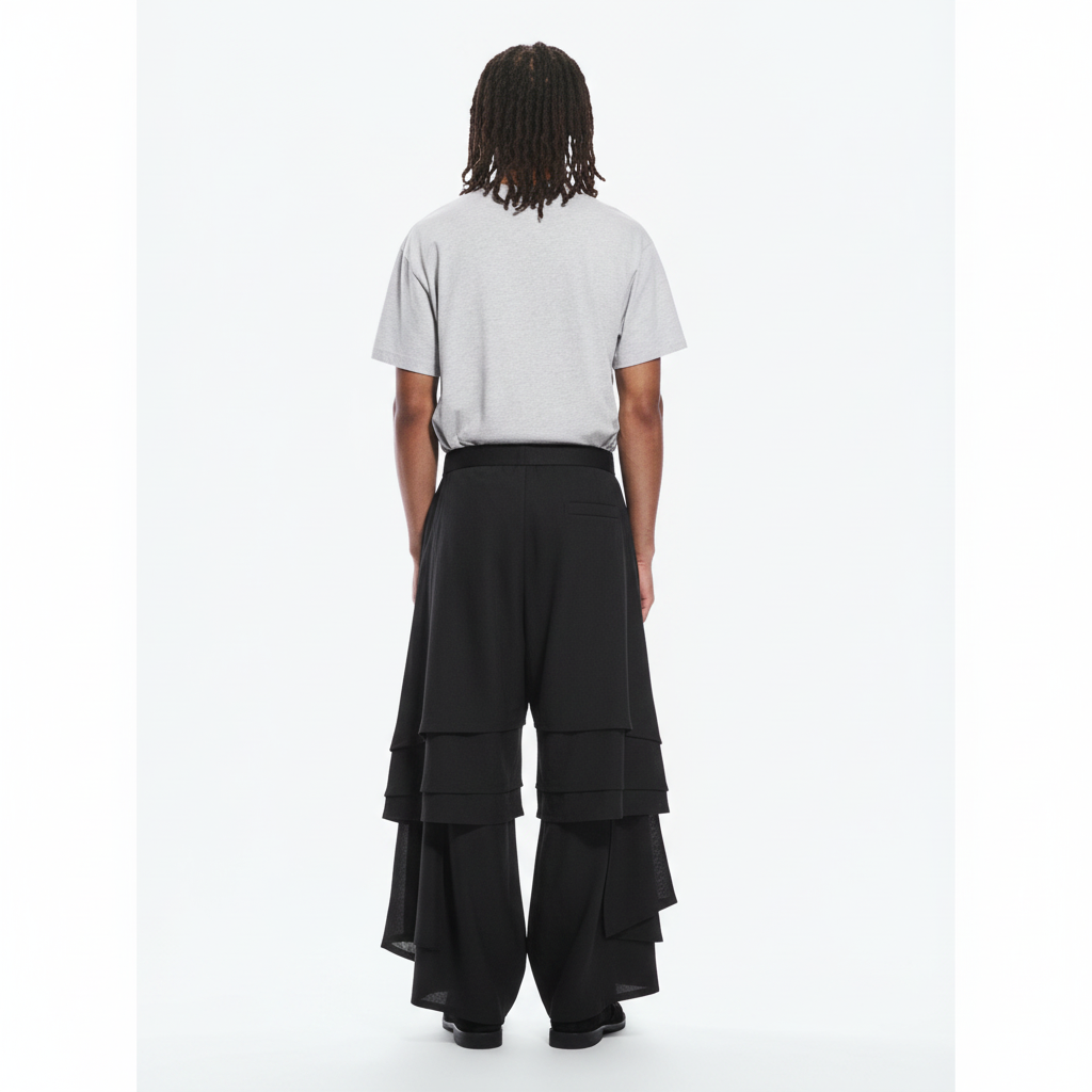 Men's Dark Cotton Hakama Pants on model in black, back view