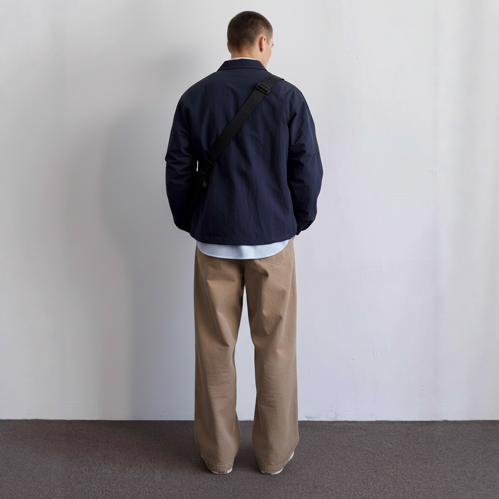 Navy Coaches Jacket on model, back view