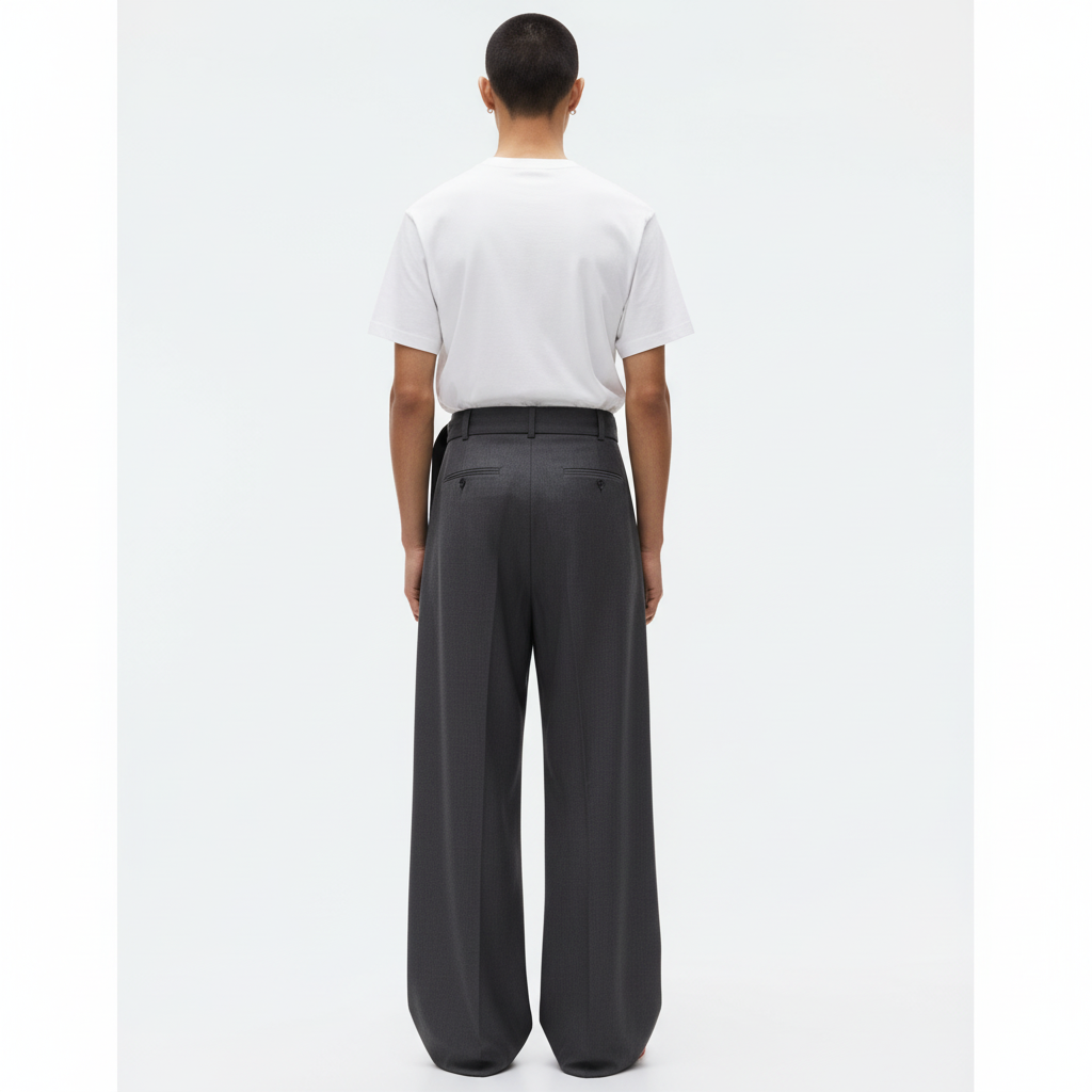 Belted Drape Trousers on model in charcoal, back view