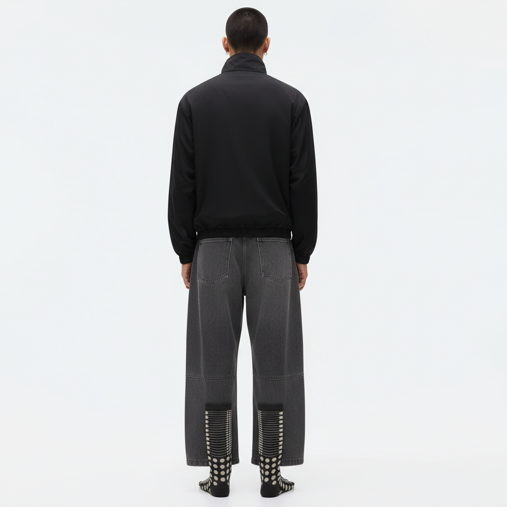 Japanese pattern tabi socks seen from the back under cropped trousers