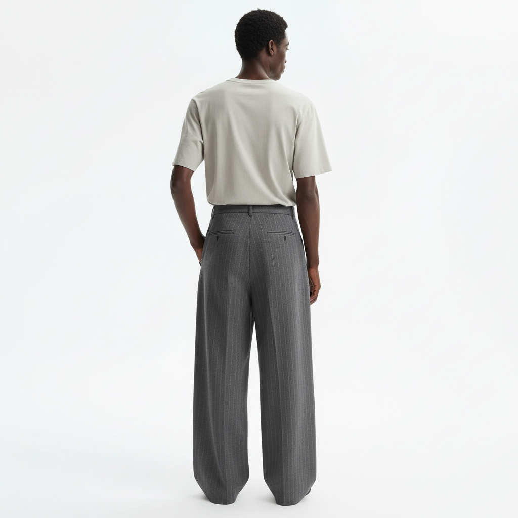 Pinstripe Wide Leg Trousers on model in gray, back view