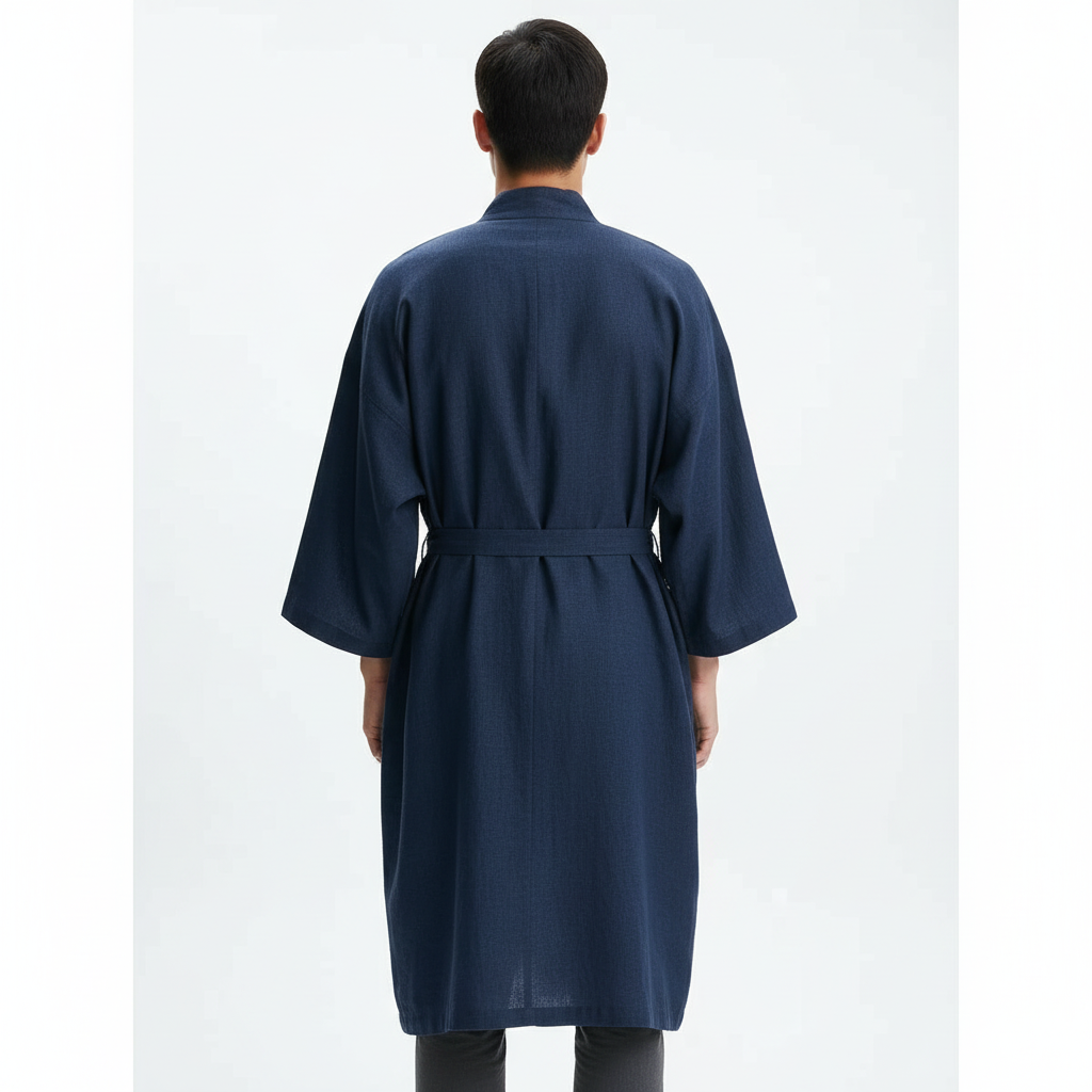 Men's blue kimono robe, navy, back view
