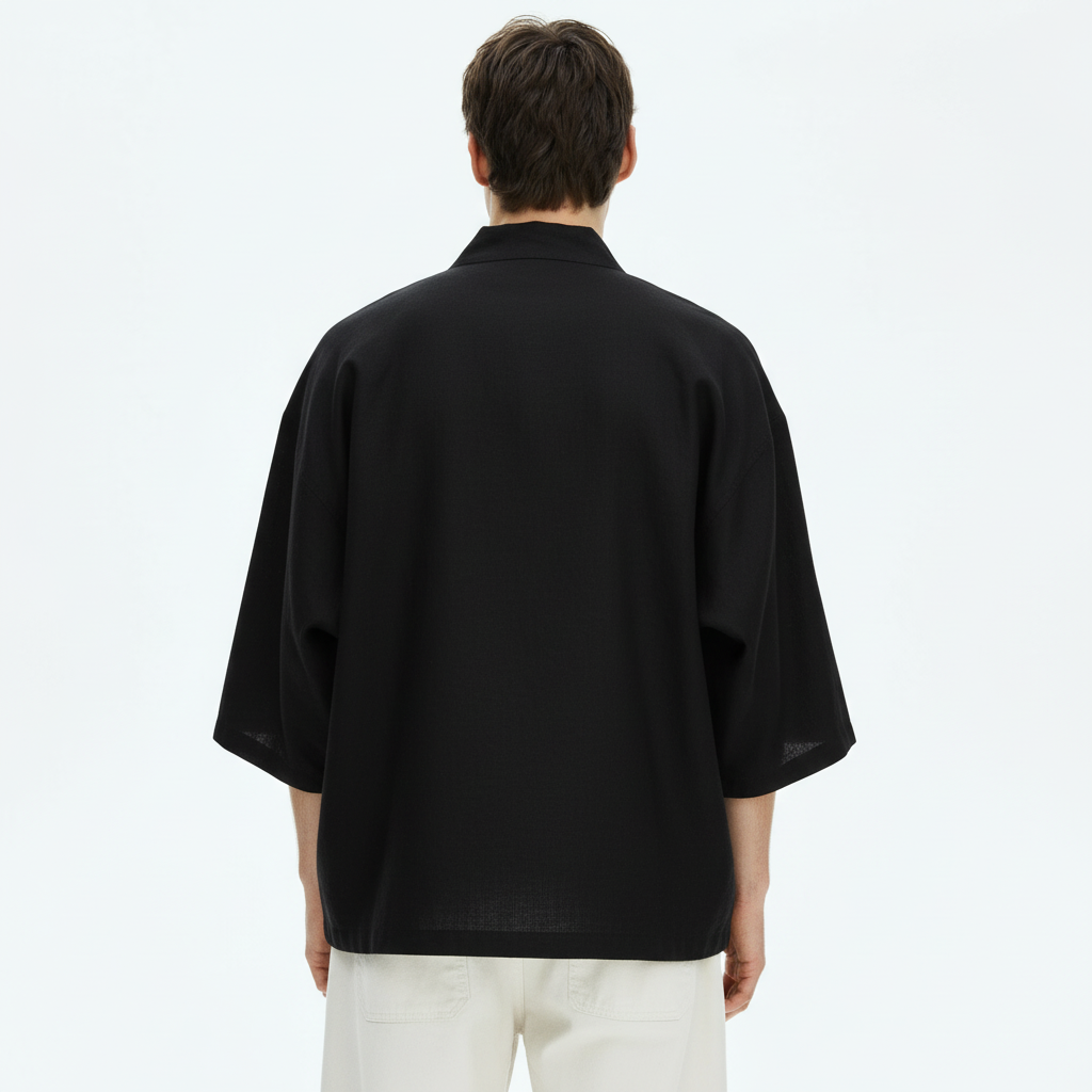 Tied kimono cardigan in black, back view on model