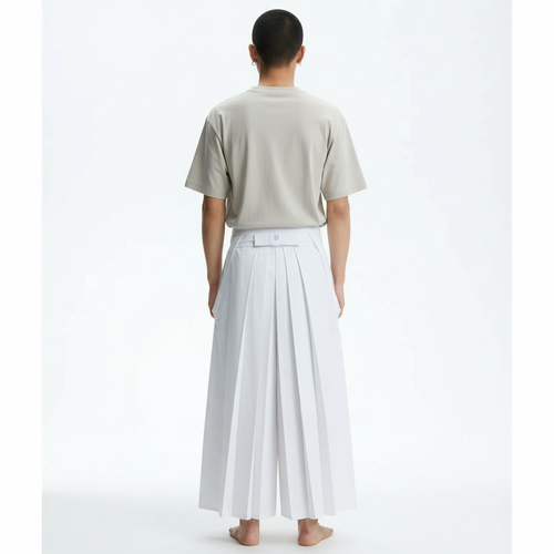 Cotton kendo hakama in white, back view on model