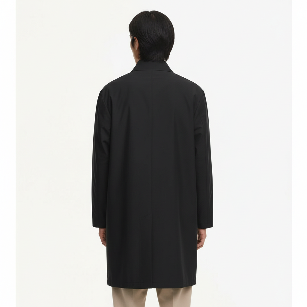 Business Water-Repellent Stand Collar Lightweight Loose Fit Slimming Long Trench Coat on model - Black - back