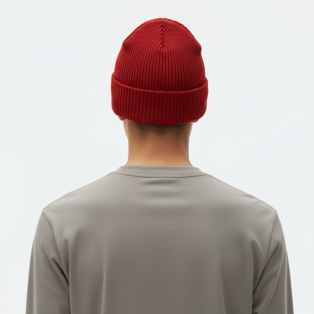 Solid Color Retro Knitted Beanie on model - Red - back