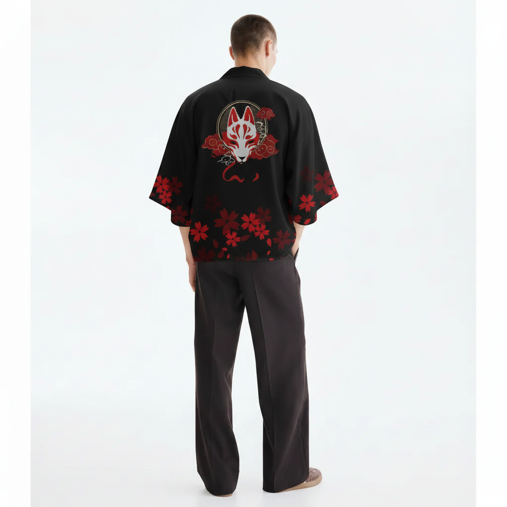 Men's Kitsune Kimono, Fox Mask and Sakura Print, back view