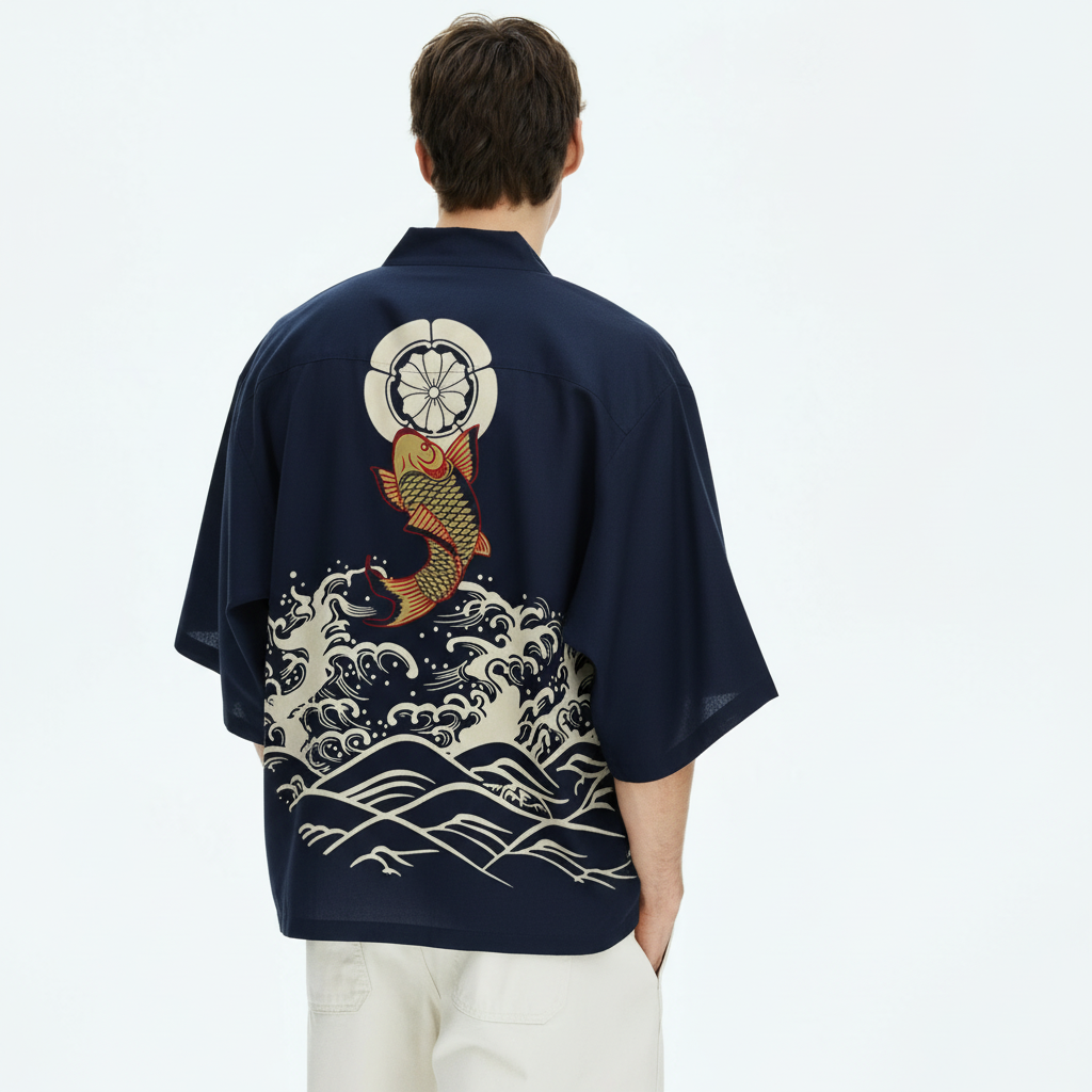 Men's Koi Kimono Jacket, Koi and Wave Print, back view