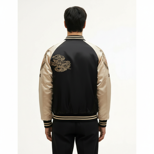 Men's Embroidered Dragon Bomber Jacket on model in khaki, back view