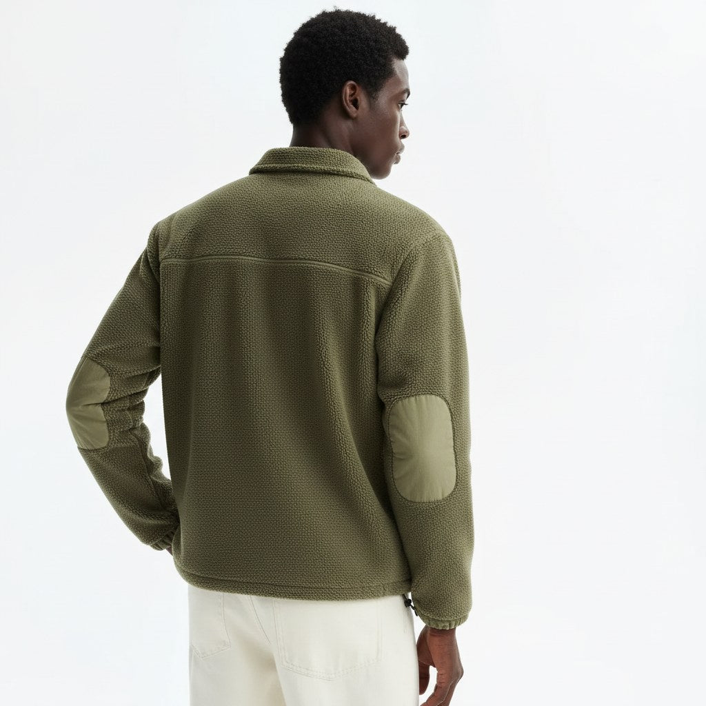 Ribbed collared sweatshirt in khaki, back view on model