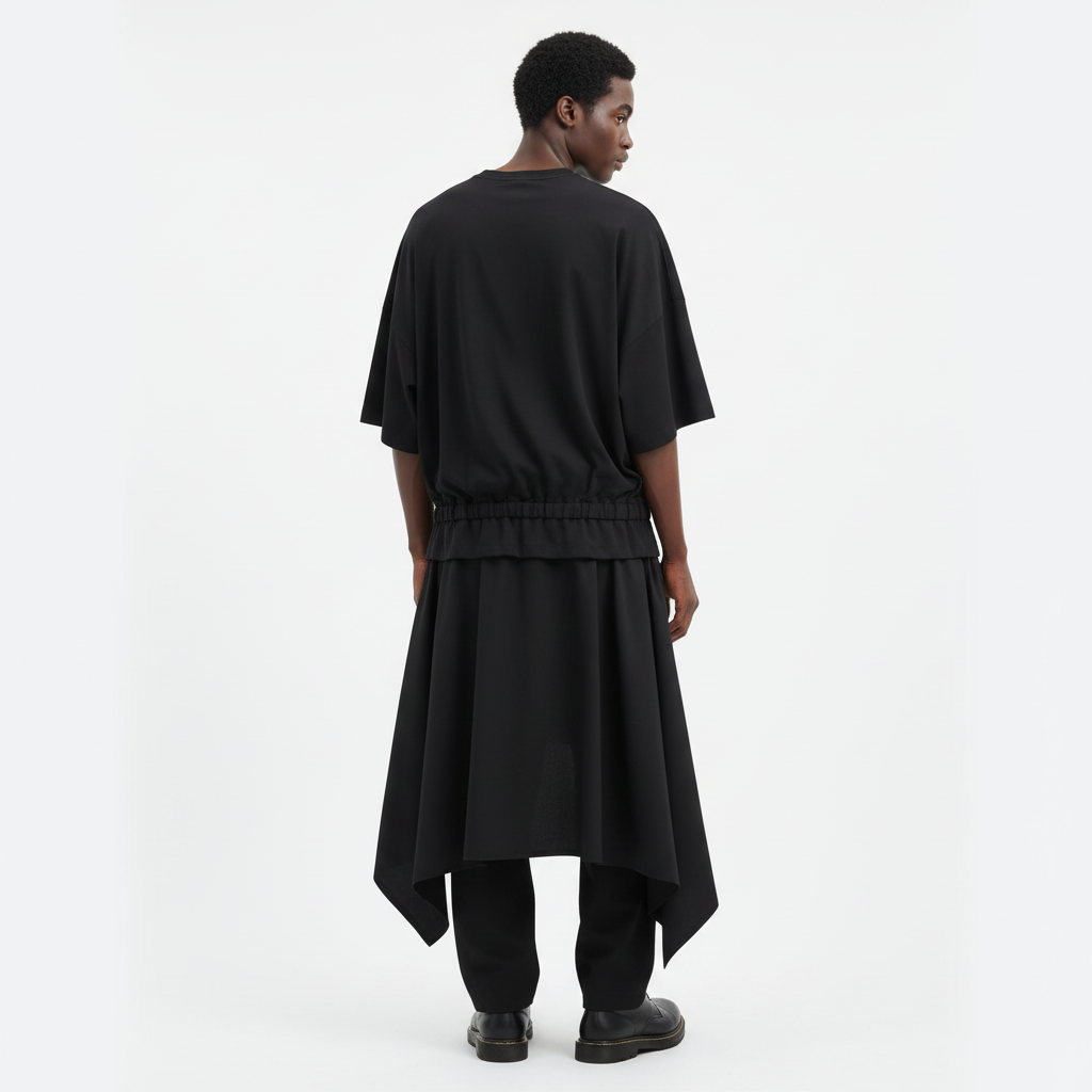 Layered drawstring t-shirt on model in black, back view