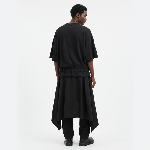 Layered drawstring t-shirt on model in black, back view