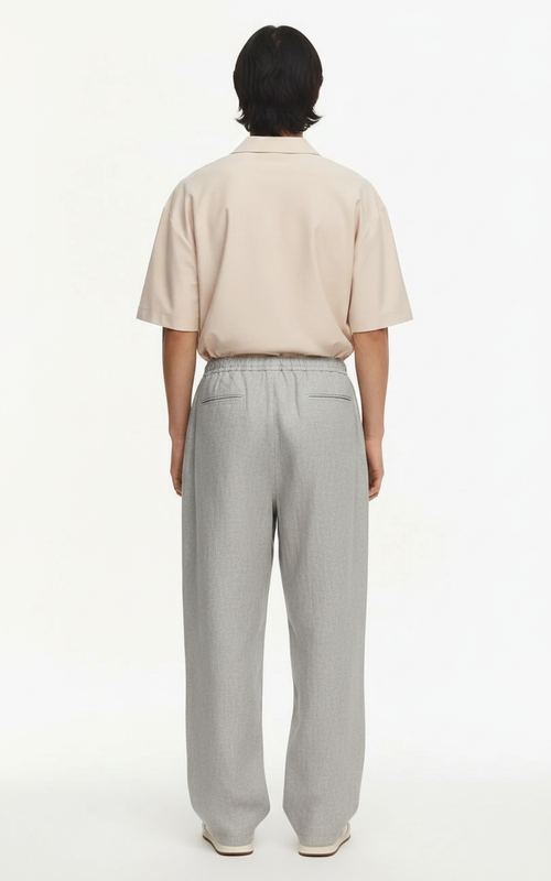 Moxi Apparel Summer Lightweight Linen-Style Loose Straight Leg Draped Wide Leg Curved Cropped Casual Pants on model - Gray - back