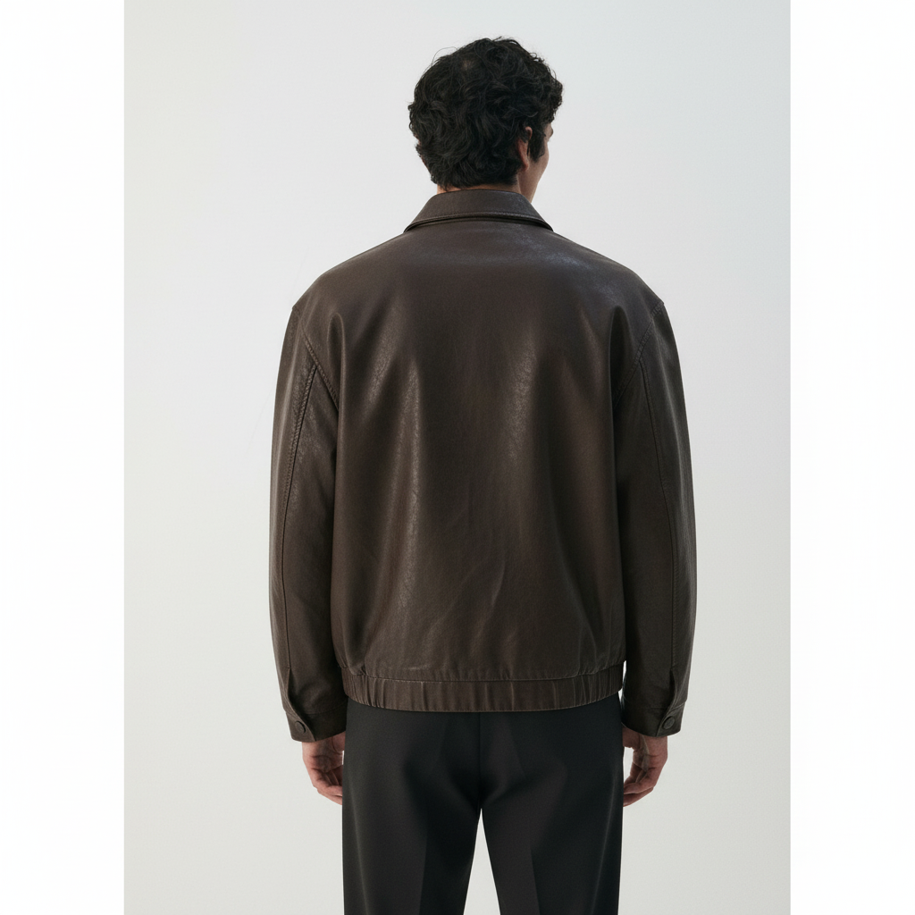 Vegan Leather Zip Jacket on model in washed brown, back view