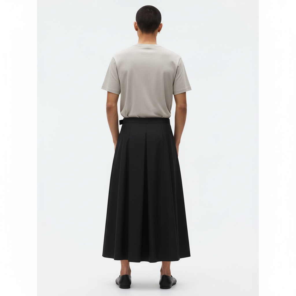 Belted A-line hakama on model in black, back view