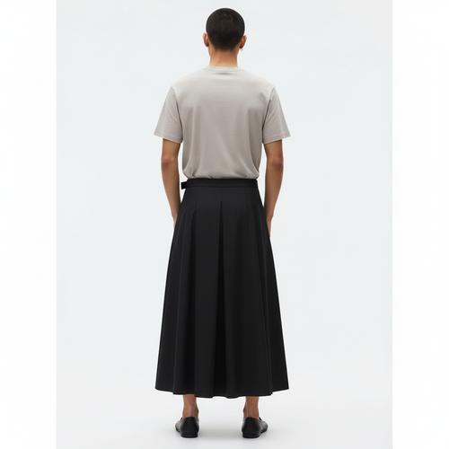 Belted A-line hakama on model in black, back view