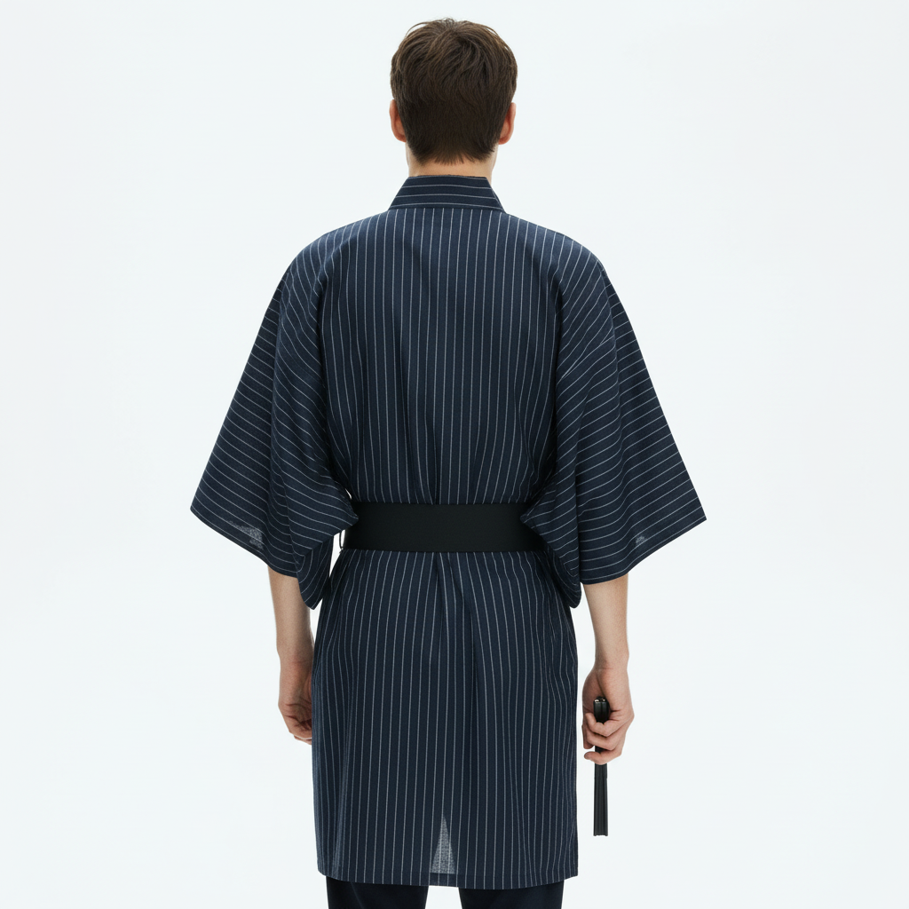 Pinstripe kimono for men on a model, back view