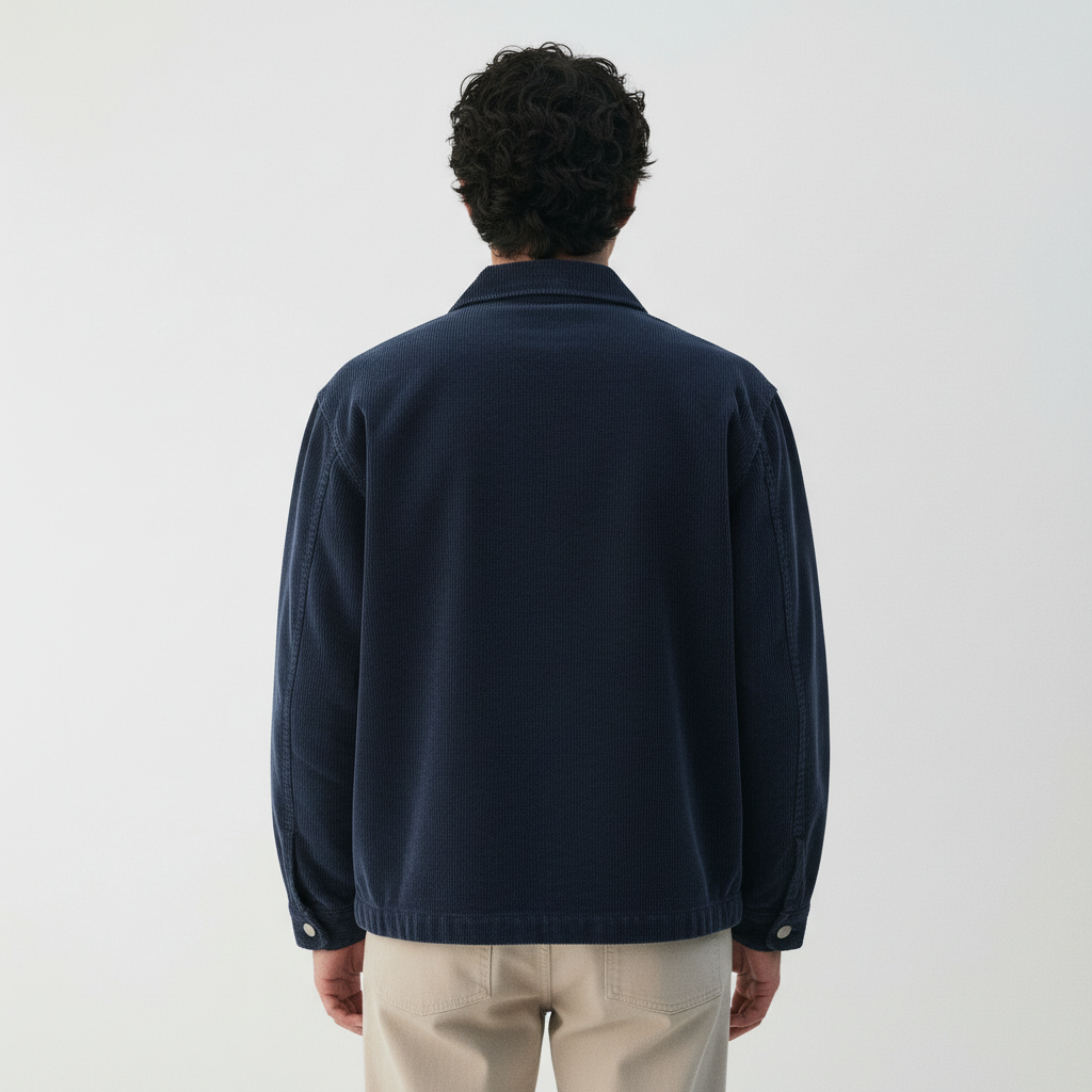 Japanese Retro Amekaji Washed Distressed Corduroy Workwear Jacket and - Boxy Fit Detroit Style on model - Blue - back