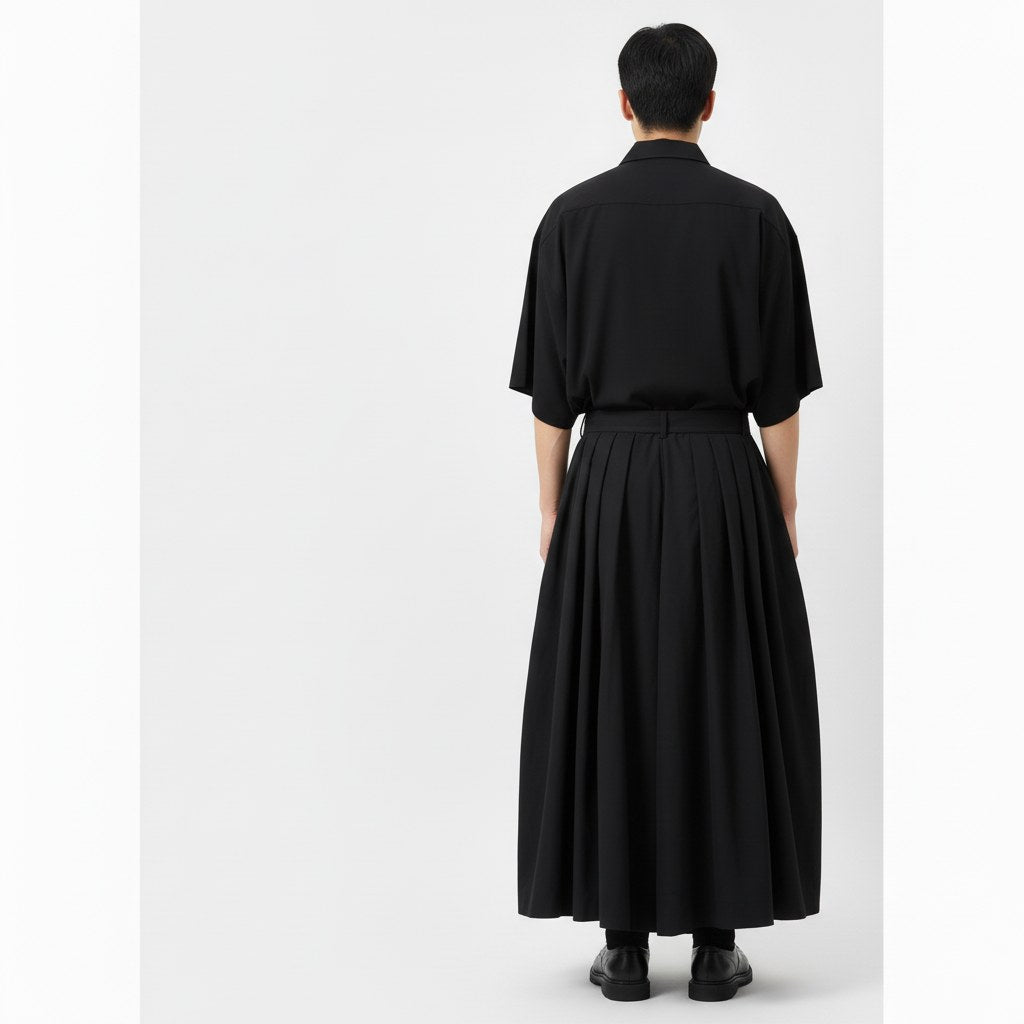 Belted hakama trousers on model in black, back view