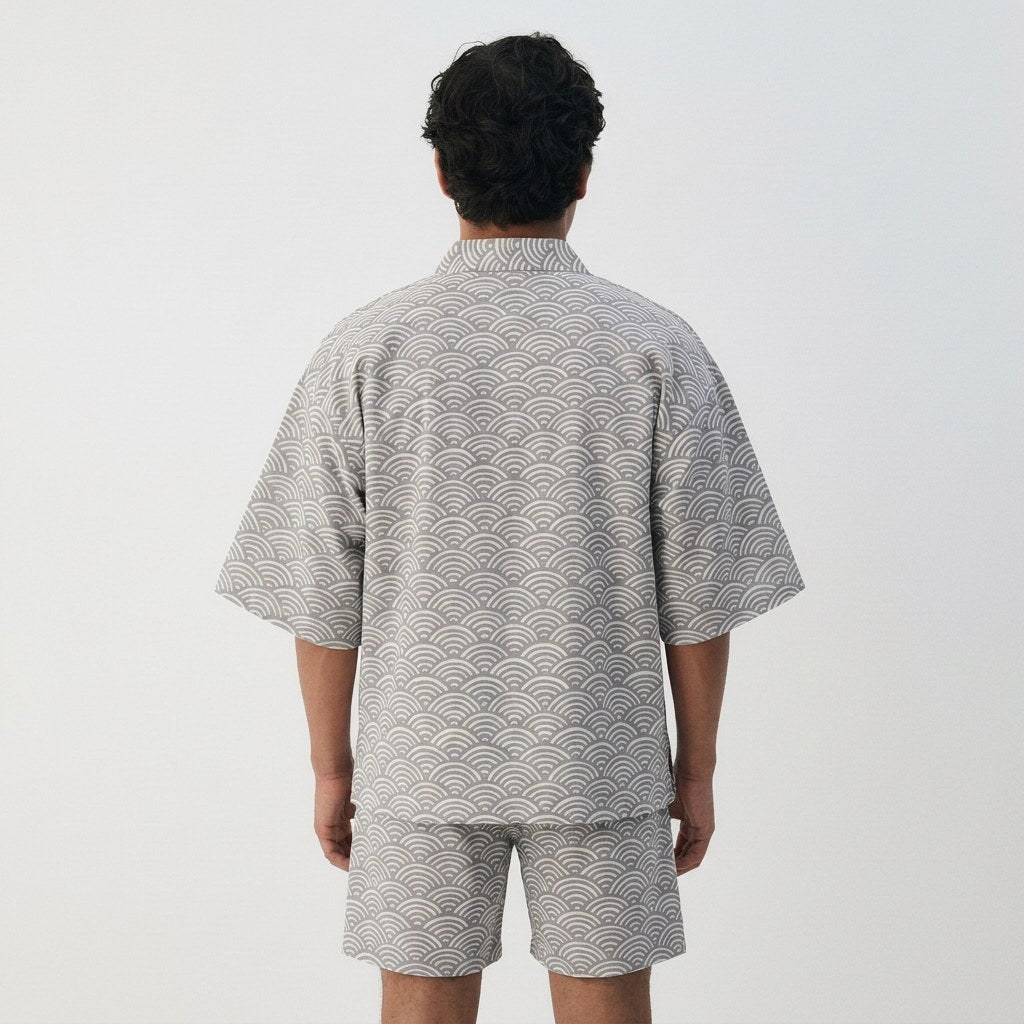 Seigaiha wave jinbei set in grey wave, back view on model