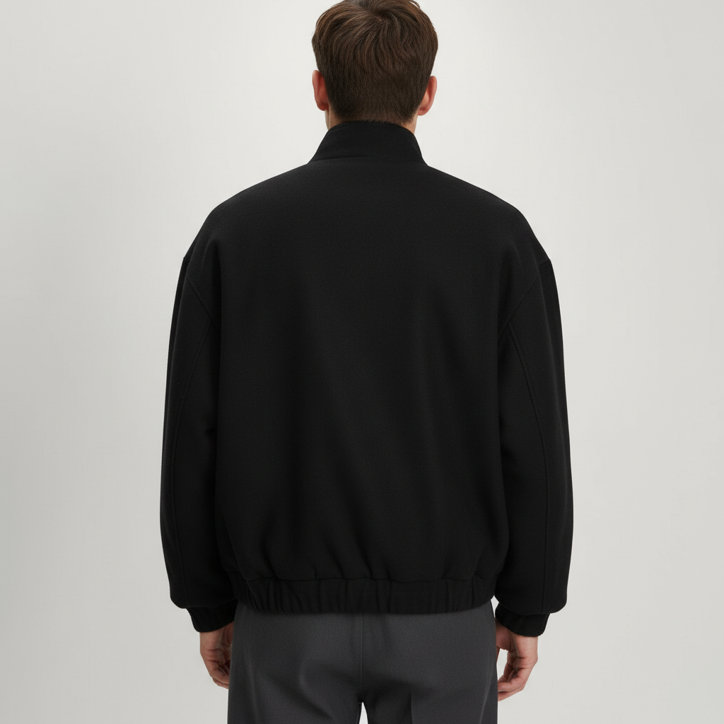 Stand Collar Blouson Jacket on model in black, back view