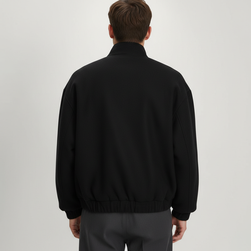 Stand Collar Blouson Jacket on model in black, back view