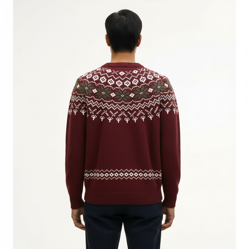 Fair Isle Crew Sweater on model in burgundy, back view
