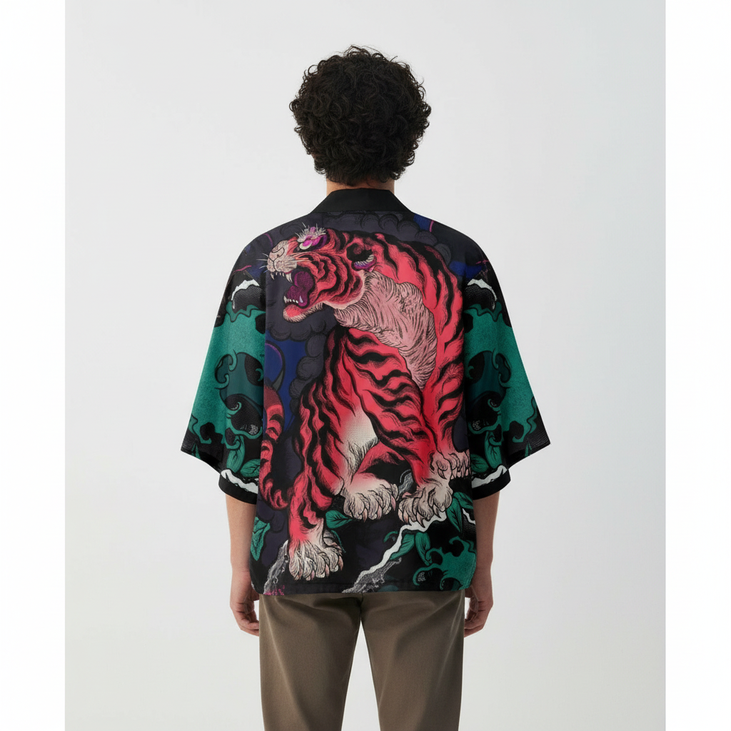 Men's Tiger Kimono, Open Front Haori, back view