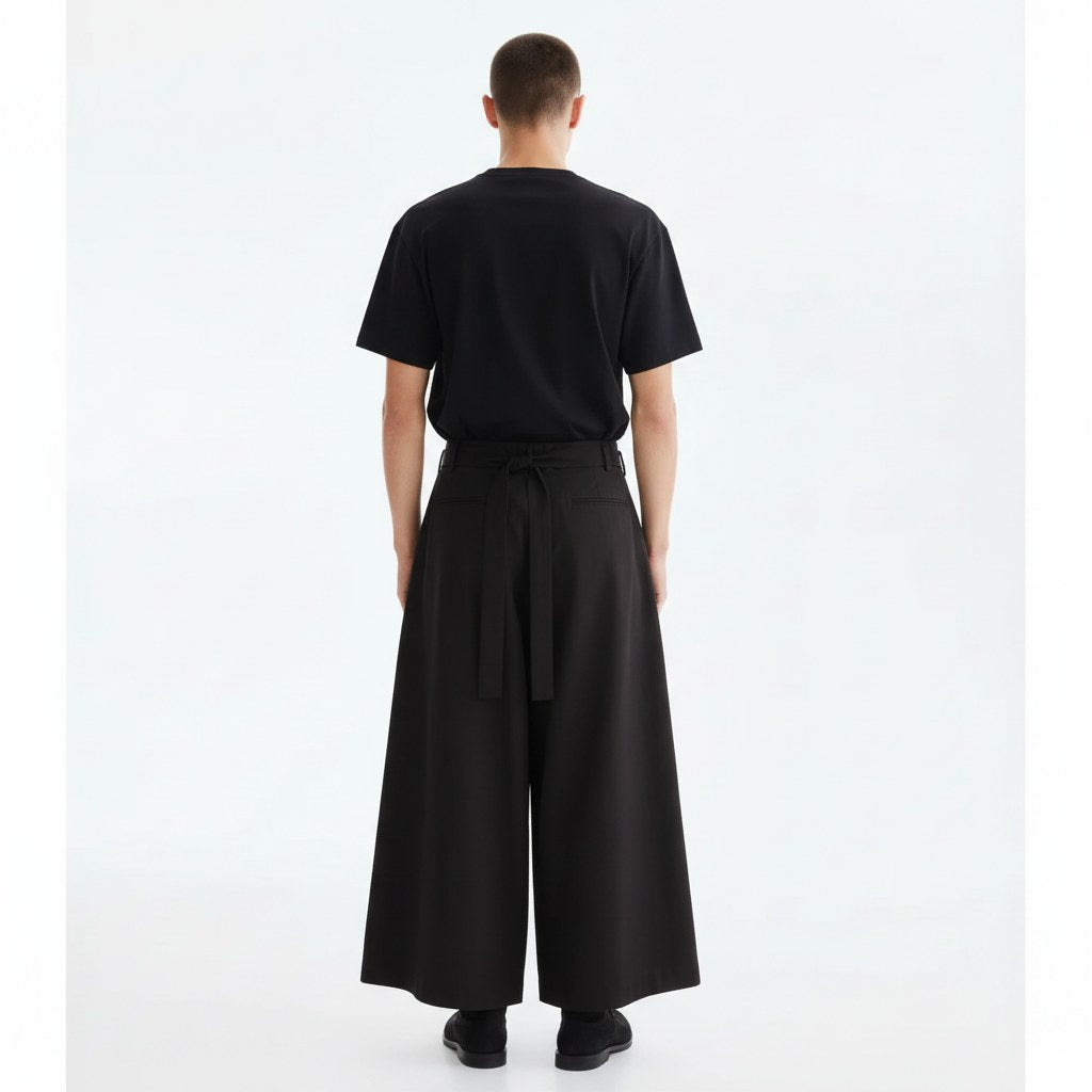 Wide hakama skirt pants in black, back view on model