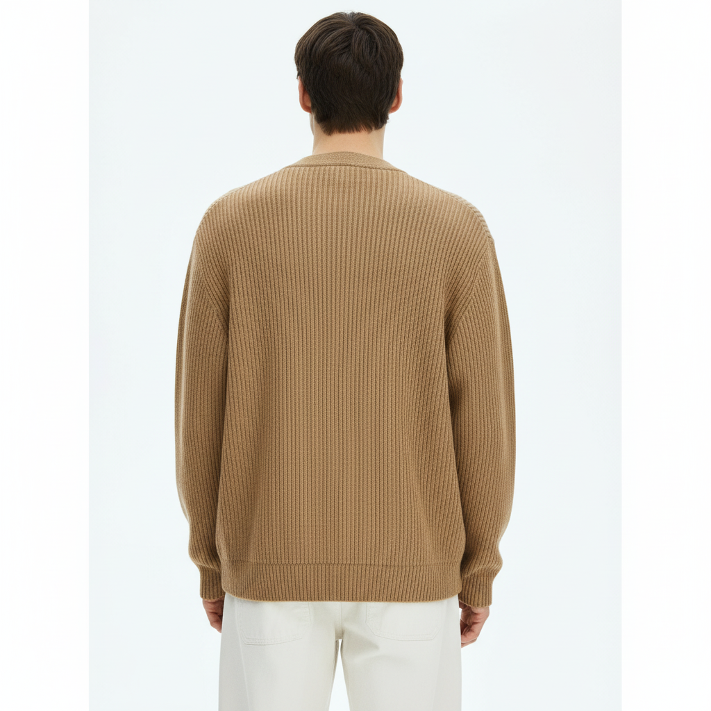 Ribbed V-Neck Cardigan on model in khaki, back view