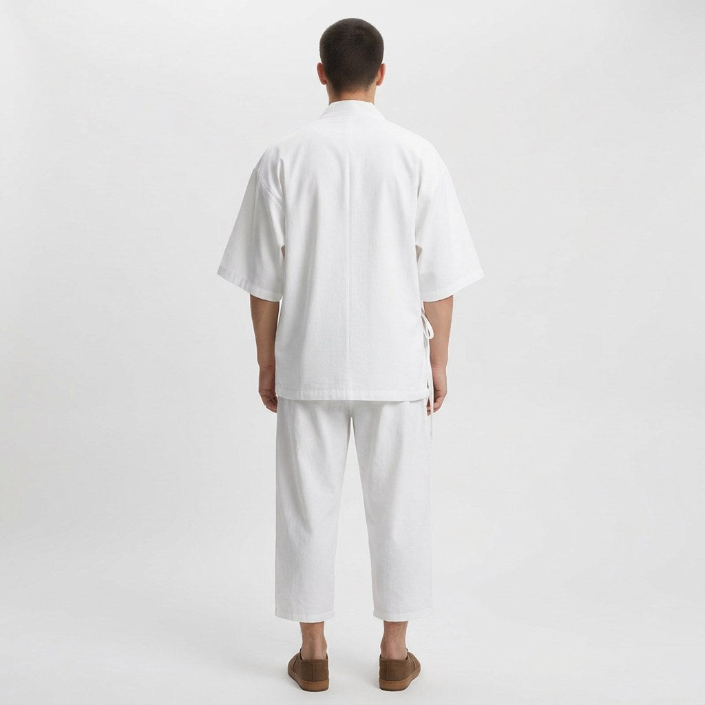 Cross-tie samue set in white, back view on model