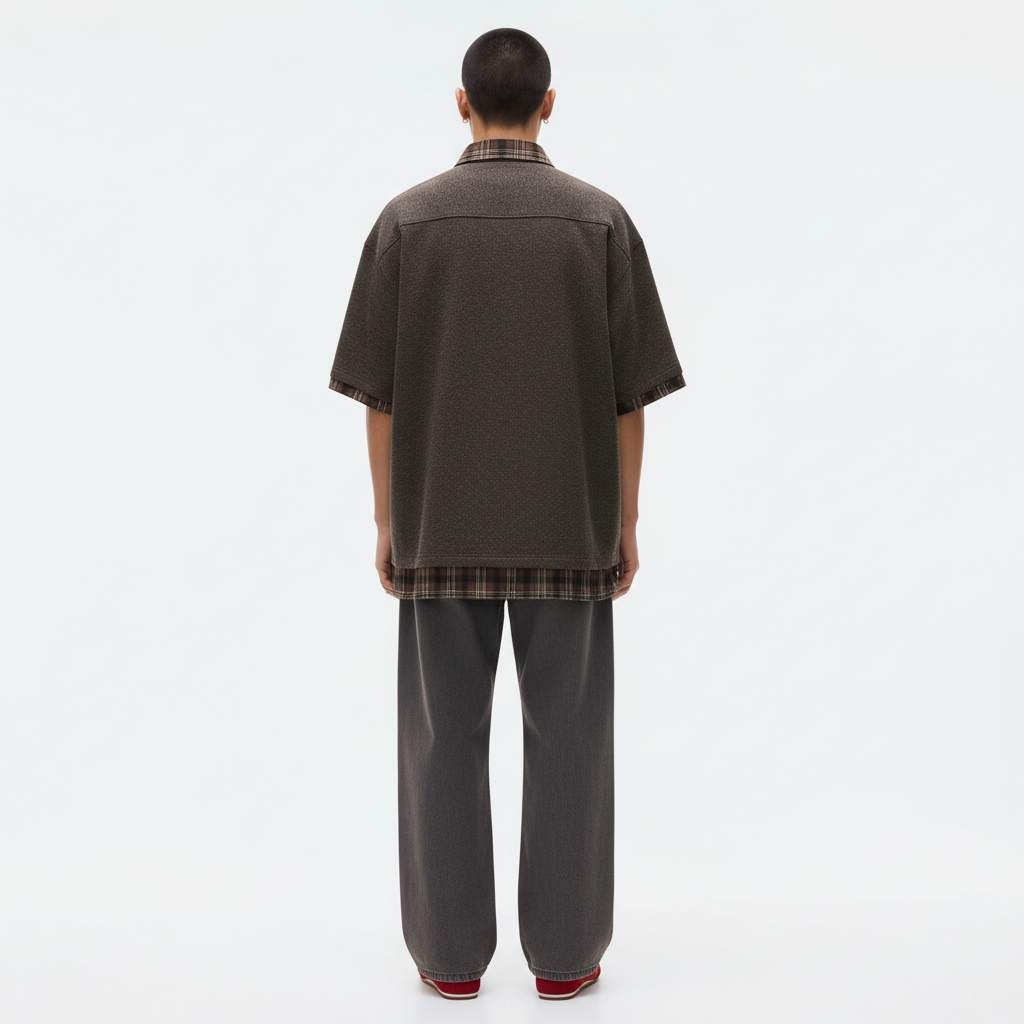 Summer Old Money Style Plaid Patchwork Faux Two-Piece Short Sleeve Shirt on model - Brown - back