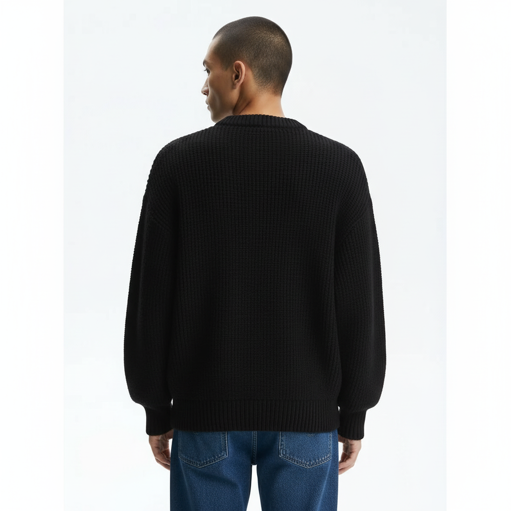 Chunky Knit Crew Sweater on model in charcoal, back view