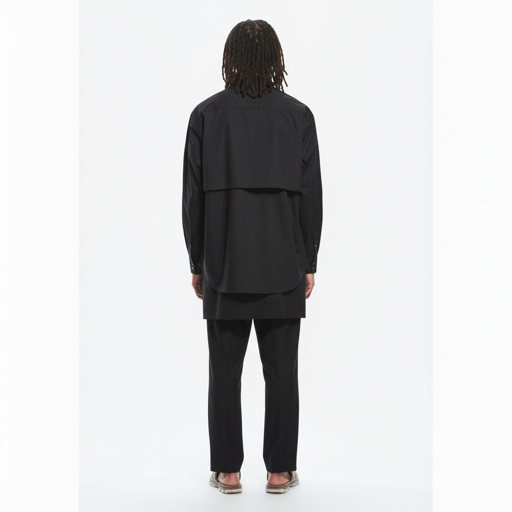 Layered longline shirt on model in black, back view