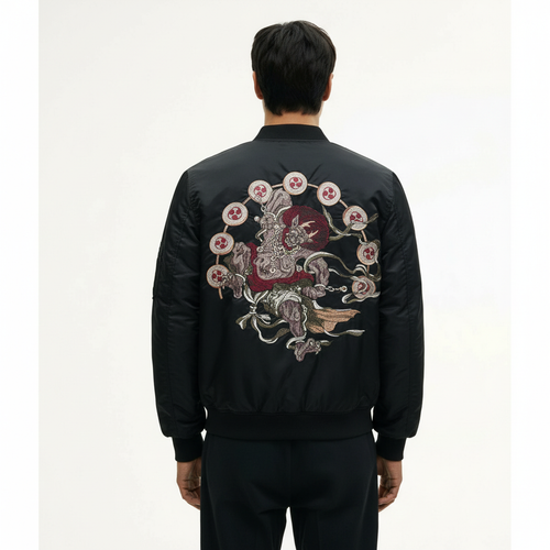 Japanese Raijin Souvenir Jacket on model in black, Raijin embroidery across the back