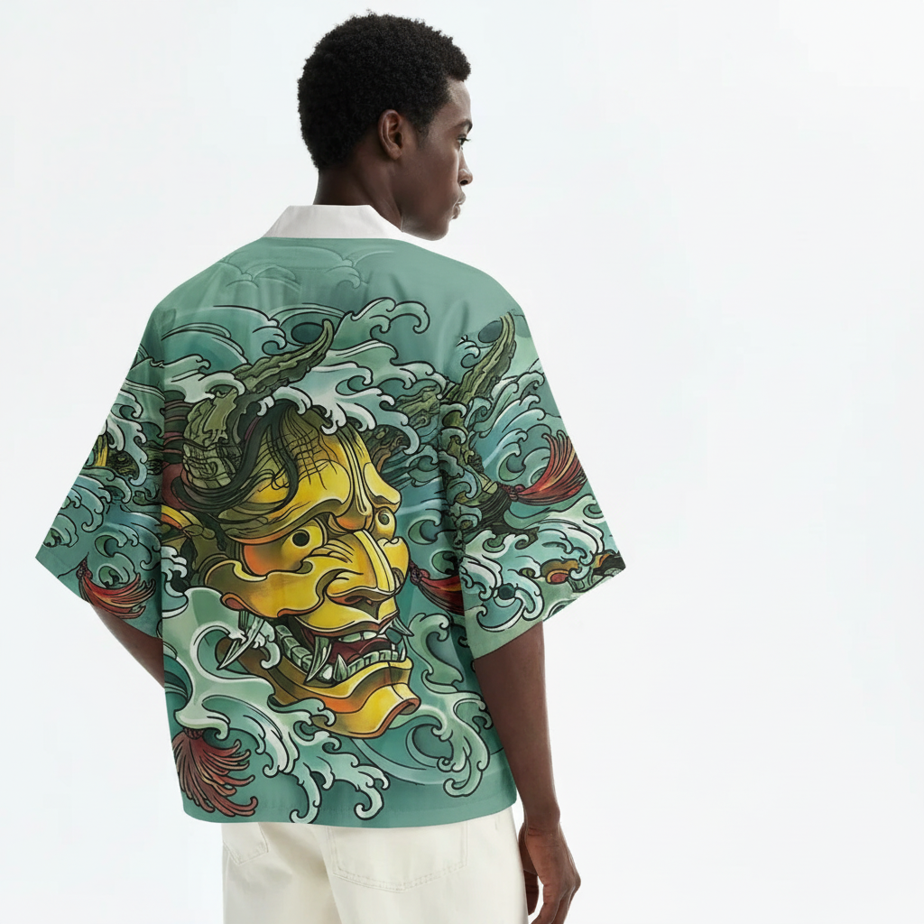 Men's Hannya Kimono, Hannya Mask and Wave Print, back view