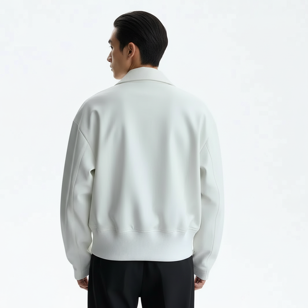 Crop Bomber Jacket on model in off white, back view