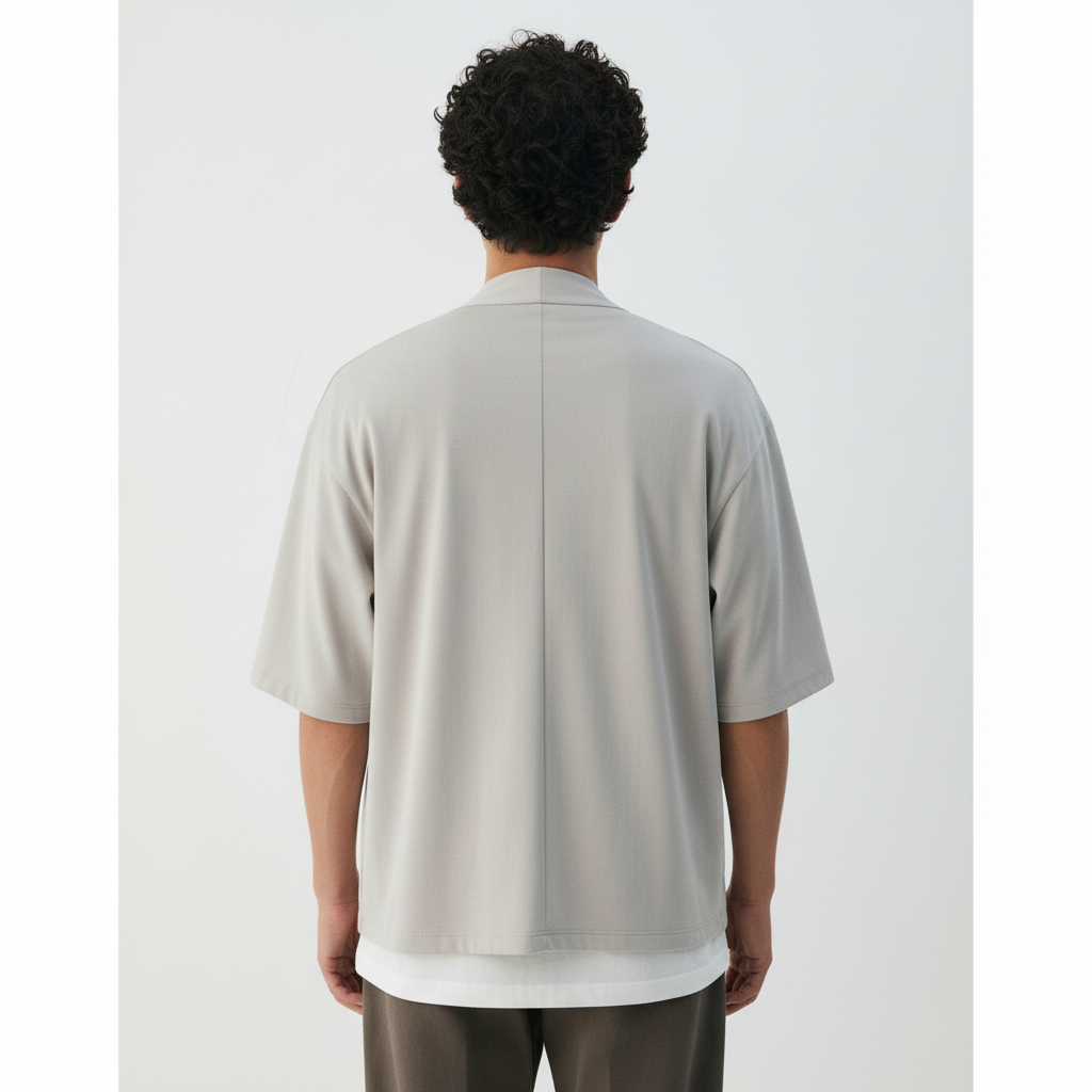 Summer haori jacket in light grey, back view on model