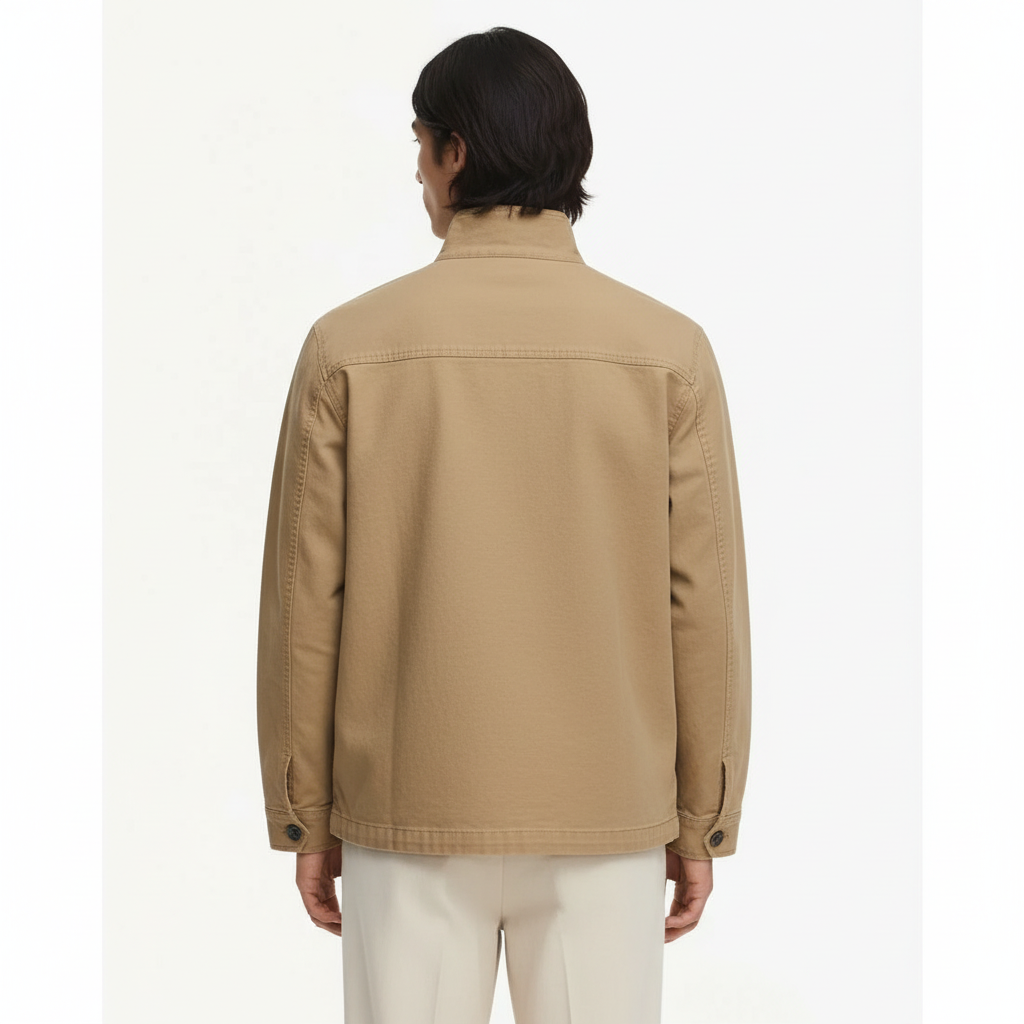 Lined washed canvas jacket in khaki, back view on model