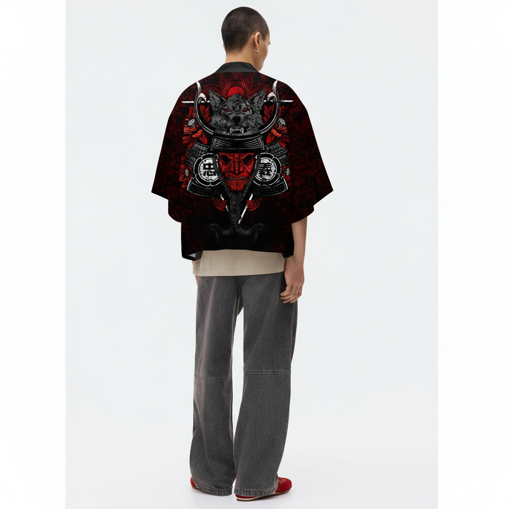 Men's Red Kimono, Samurai Helmet Damask Print, back view