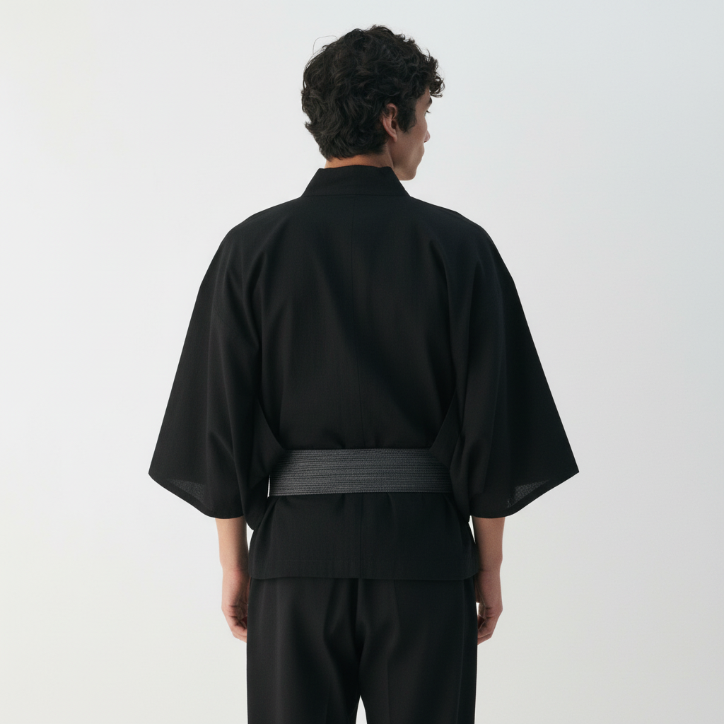 Black yukata for men on a model, back view