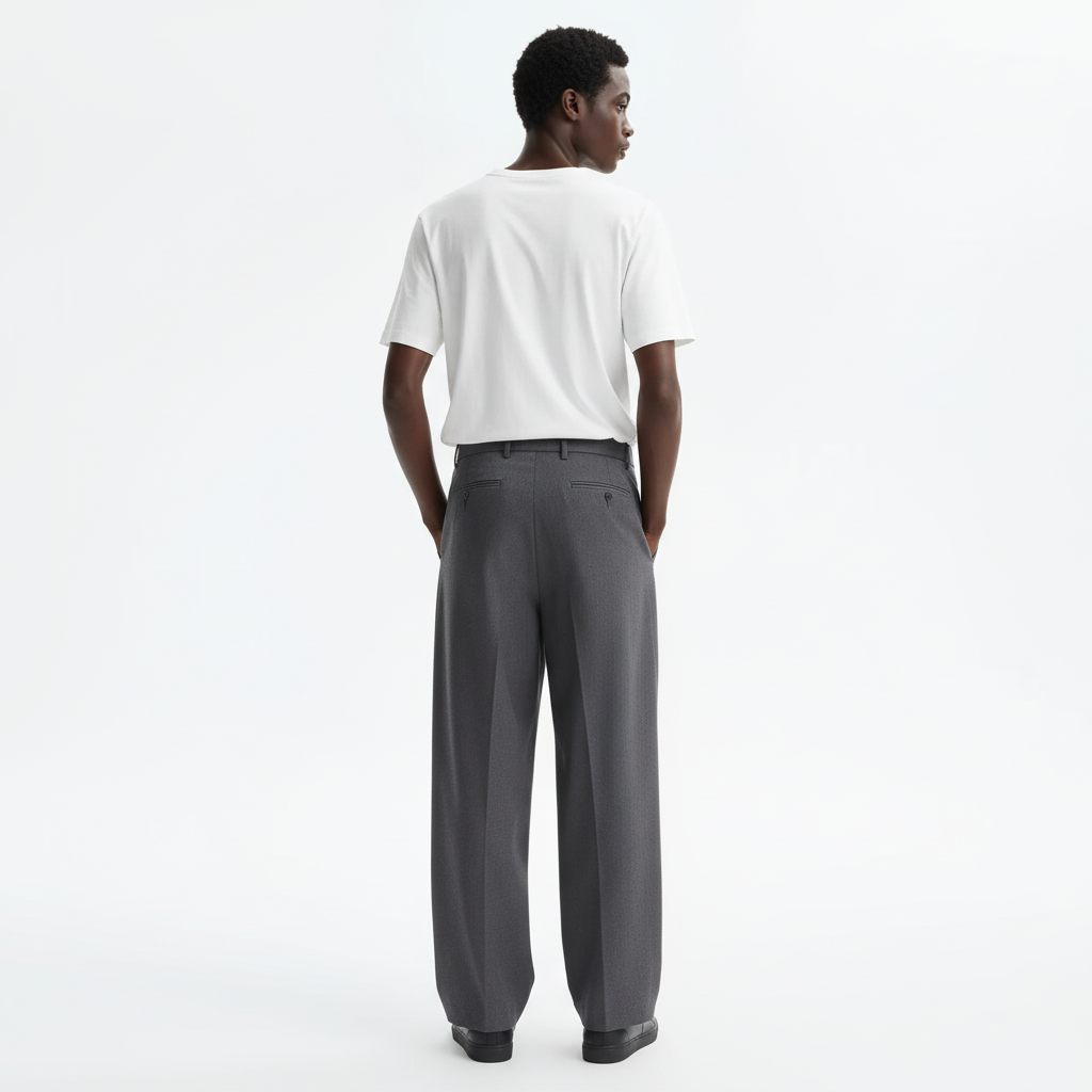 Wide Leg Pleated Suit Trousers on model in charcoal, back view