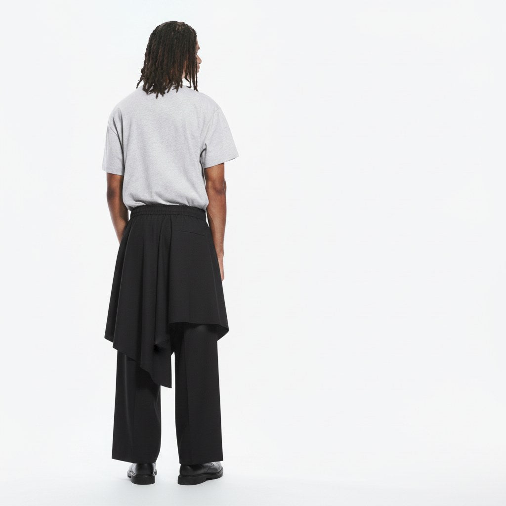 Layered hakama overlay pants in black, back view on model