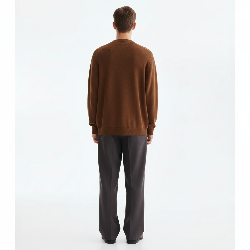 Argyle V-neck cardigan in brown on model, back view
