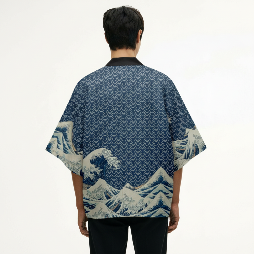 Men's Wave Kimono, Seigaiha and Great Wave Print, back view