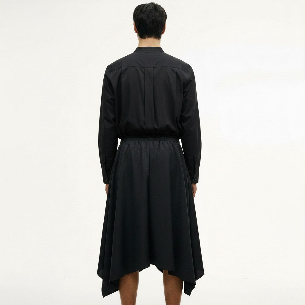 Pleated band collar shirt in black, back view on model