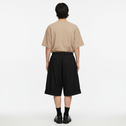 Men's Pleated Hakama Shorts on model in black, back view