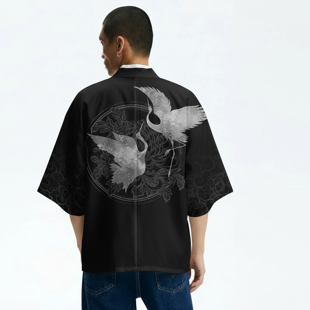 Men's Black Kimono Jacket, Crane and Moon Print, back view