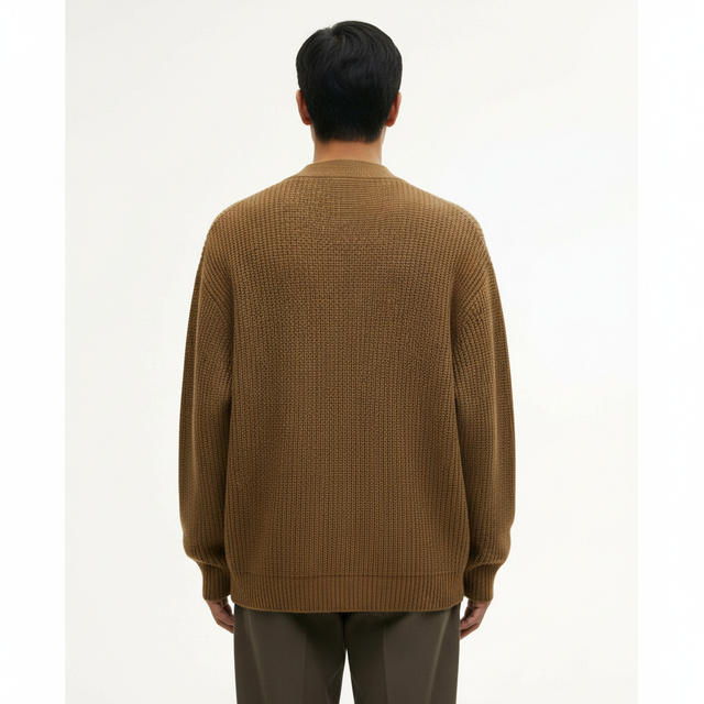 Shawl Collar Knit Cardigan on model in brown, back view