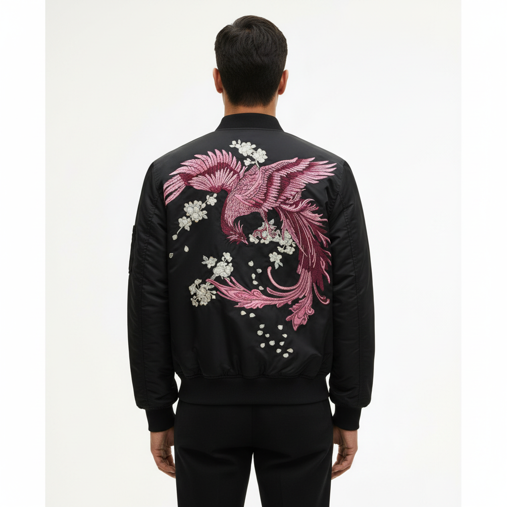 Phoenix embroidered across the back of a black sukajan jacket